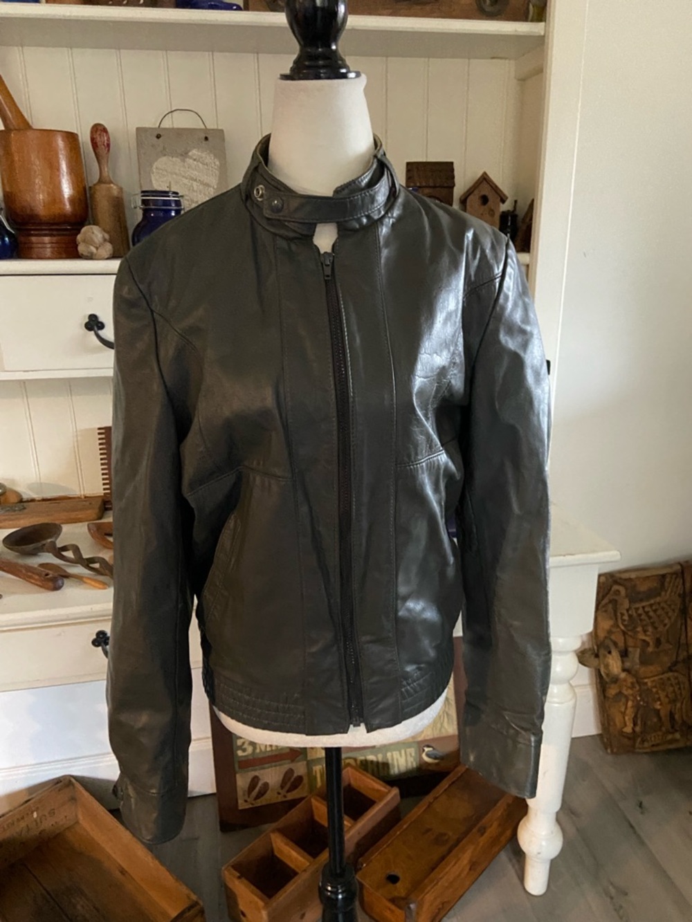 Classic Women's grey Leather Zip Jacket